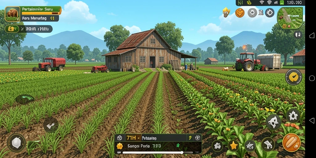 Tampilan gameplay <strong>71H</strong> menunjukkan ladang yang subur dan hewan-hewan peliharaan.