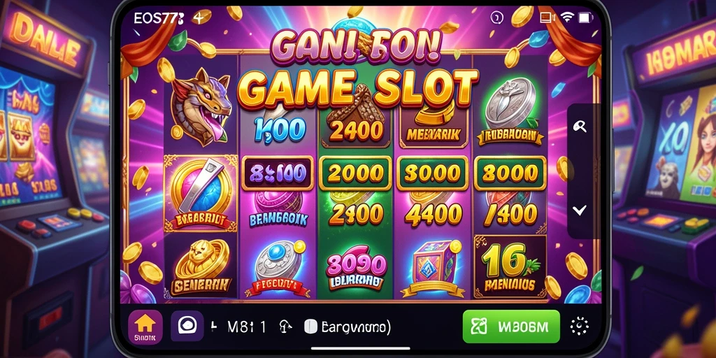 Screenshot gameplay EOS77 menunjukkan slot yang penuh warna dan fitur menarik.