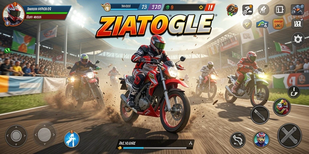 Screenshot utama ZIATOGEL menampilkan aksi balapan motor yang mendebarkan.